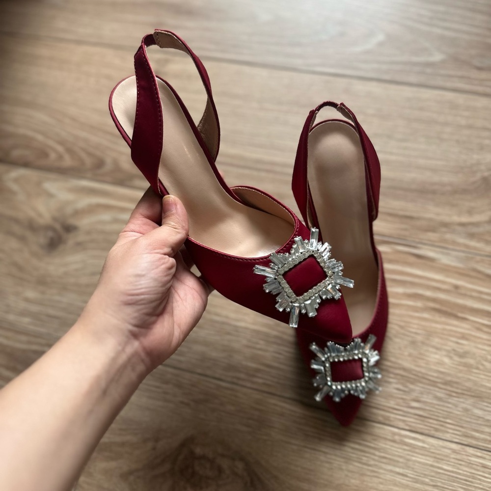 Elegant Red Slingback Heels with Embellished Buckle